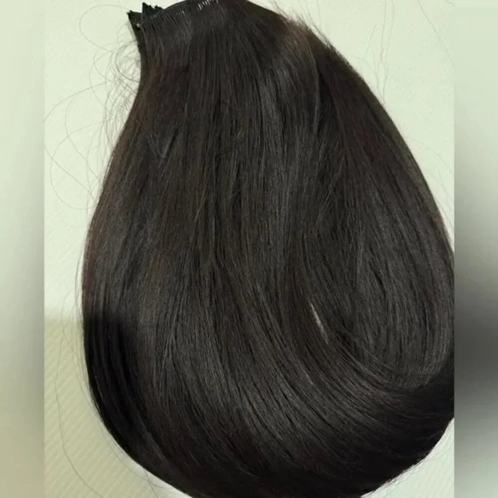 Human Hair Blend Clip-In Extensions | Long Straight Silky Hair | Dark Brown #3